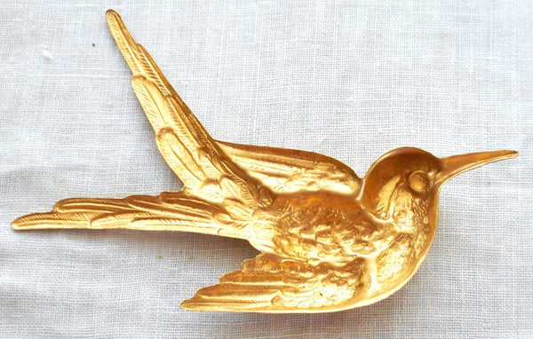 One large raw brass Flying Bird, Sparrow pendant, charm, brass stamping, 74mm x 52mm made in the USA, C2601 - Glorious Glass Beads