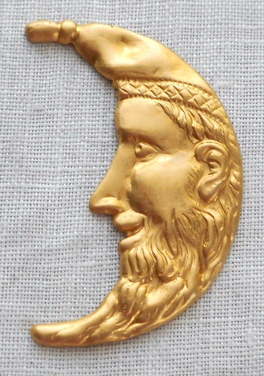 One large raw brass Man in the Crescent Moon Face Victorian pendant, charm, brass stamping, 1.25" in by .75" in. made in the USA, 1201 - Glorious Glass Beads