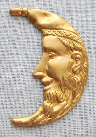 One large raw brass Man in the Crescent Moon Face Victorian pendant, charm, brass stamping, 1.25" in by .75" in. made in the USA, 1201 - Glorious Glass Beads