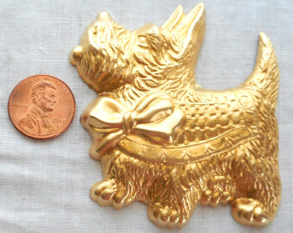 One large raw brass Scotty Dog pendant, charm, brass stamping, 2.375" in by 2.75" in. made in the USA, 70101 - Glorious Glass Beads