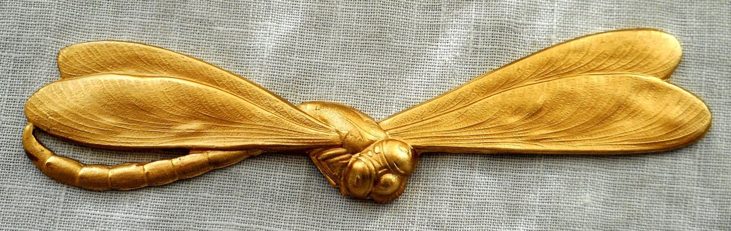 One large raw brass stamping, art nouveau, deco dragonfly, pendant, charm, connector, 3.56" by .75" inches, made in the USA, C70101 - Glorious Glass Beads