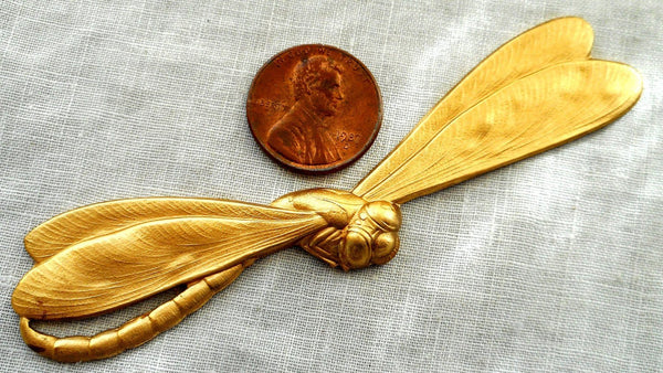 One large raw brass stamping, art nouveau, deco dragonfly, pendant, charm, connector, 3.56" by .75" inches, made in the USA, C70101 - Glorious Glass Beads