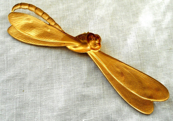One large raw brass stamping, art nouveau, deco dragonfly, pendant, charm, connector, 3.56" by .75" inches, made in the USA, C70101 - Glorious Glass Beads