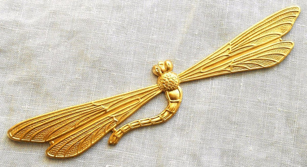 One large raw brass stamping art nouveau deco dragonfly, pendant, charm, connector, ornament, 3.37" by .75" inches, made in the USA C91101