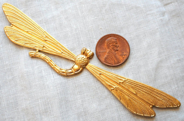 One large raw brass stamping art nouveau deco dragonfly, pendant, charm, connector, ornament, 3.37" by .75" inches, made in the USA C91101 - Glorious Glass Beads
