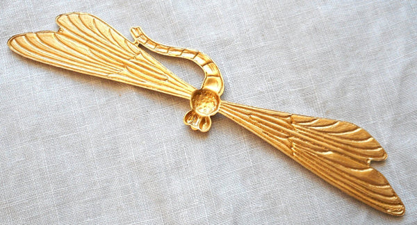 One large raw brass stamping art nouveau deco dragonfly, pendant, charm, connector, ornament, 3.37" by .75" inches, made in the USA C91101 - Glorious Glass Beads