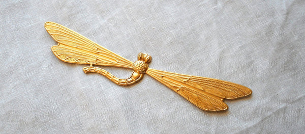 One large raw brass stamping art nouveau deco dragonfly, pendant, charm, connector, ornament, 3.37" by .75" inches, made in the USA C91101 - Glorious Glass Beads
