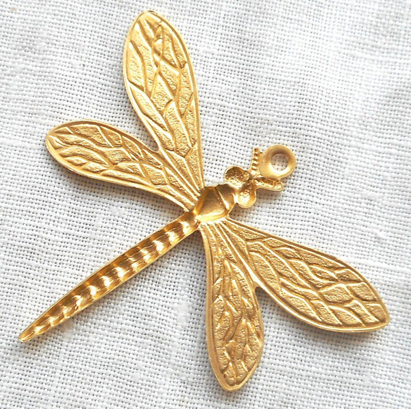 One medium brass stamping, art nouveau deco dragonfly, pendant, charm, 36mm x 30mm, made in the USA, C0701 - Glorious Glass Beads