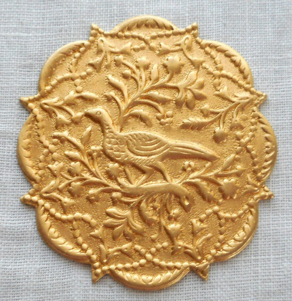 One Ornate Victorian brass pheasant medallion, pendant, charm, brass stamping, 1.50" in diameter, made in the USA, C6401