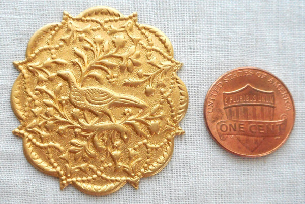One Ornate Victorian brass pheasant medallion, pendant, charm, brass stamping, 1.50" in diameter, made in the USA, C6401 - Glorious Glass Beads