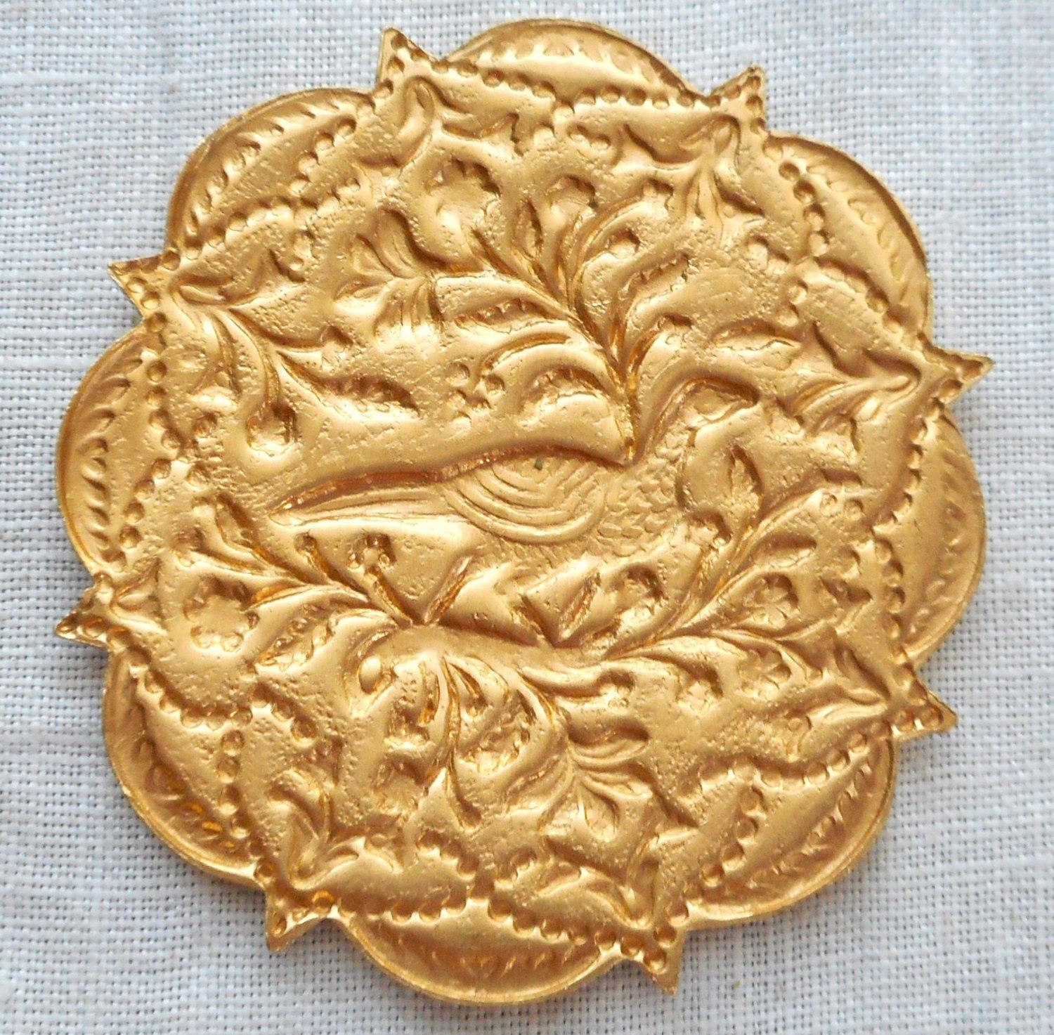 One Ornate Victorian brass pheasant medallion, pendant, charm, brass stamping, 1.50" in diameter, made in the USA, C6401 - Glorious Glass Beads