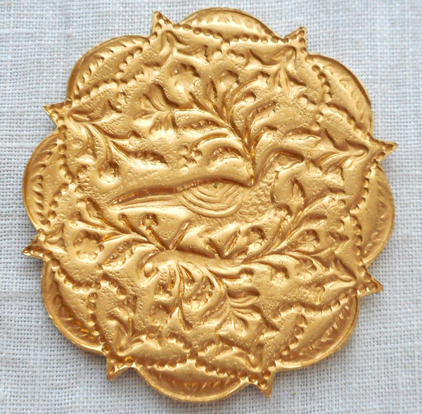 One Ornate Victorian brass pheasant medallion, pendant, charm, brass stamping, 1.50" in diameter, made in the USA, C6401 - Glorious Glass Beads