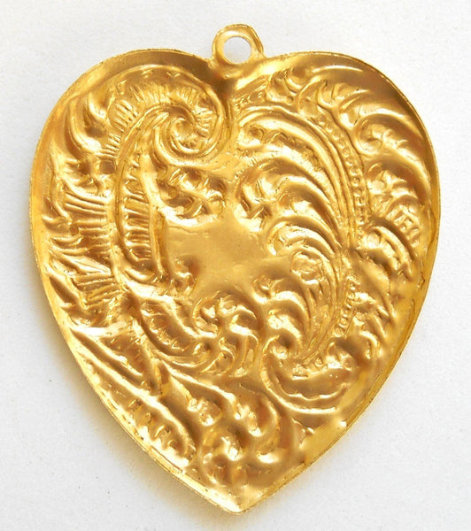 One ornate Victorian raw brass heart pendant with feathers and fronds, brass stamping, 53 x 45mm, made in the USA, C9401 - Glorious Glass Beads