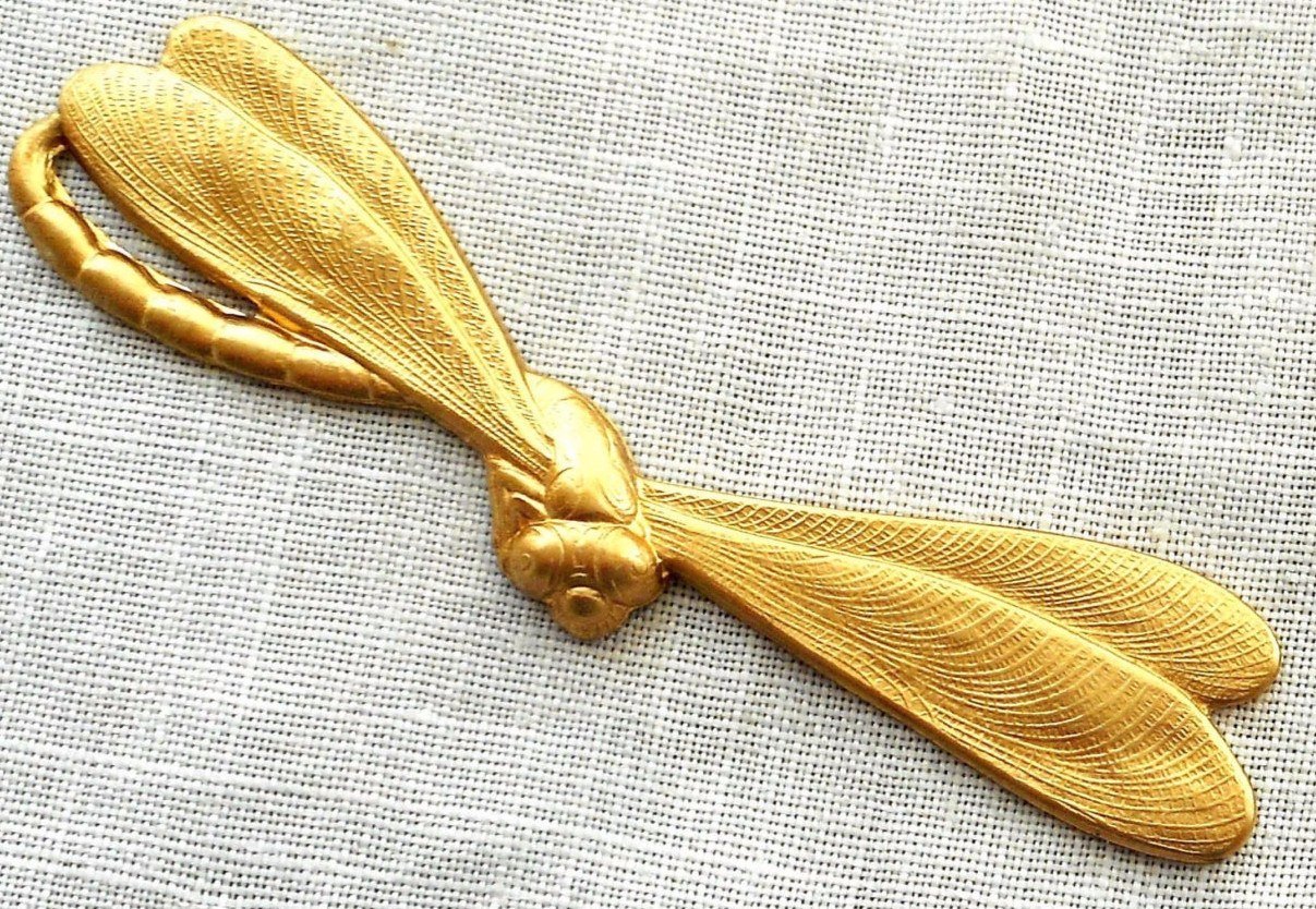 One raw brass stamping, art nouveau, deco, dragonfly, pendant, charm, connector, 57mm by 10mm, made in the USA C9201 - Glorious Glass Beads
