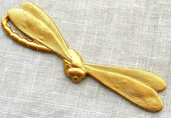 One raw brass stamping, art nouveau, deco, dragonfly, pendant, charm, connector, 57mm by 10mm, made in the USA C9201 - Glorious Glass Beads