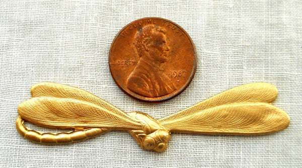One raw brass stamping, art nouveau, deco, dragonfly, pendant, charm, connector, 57mm by 10mm, made in the USA C9201 - Glorious Glass Beads