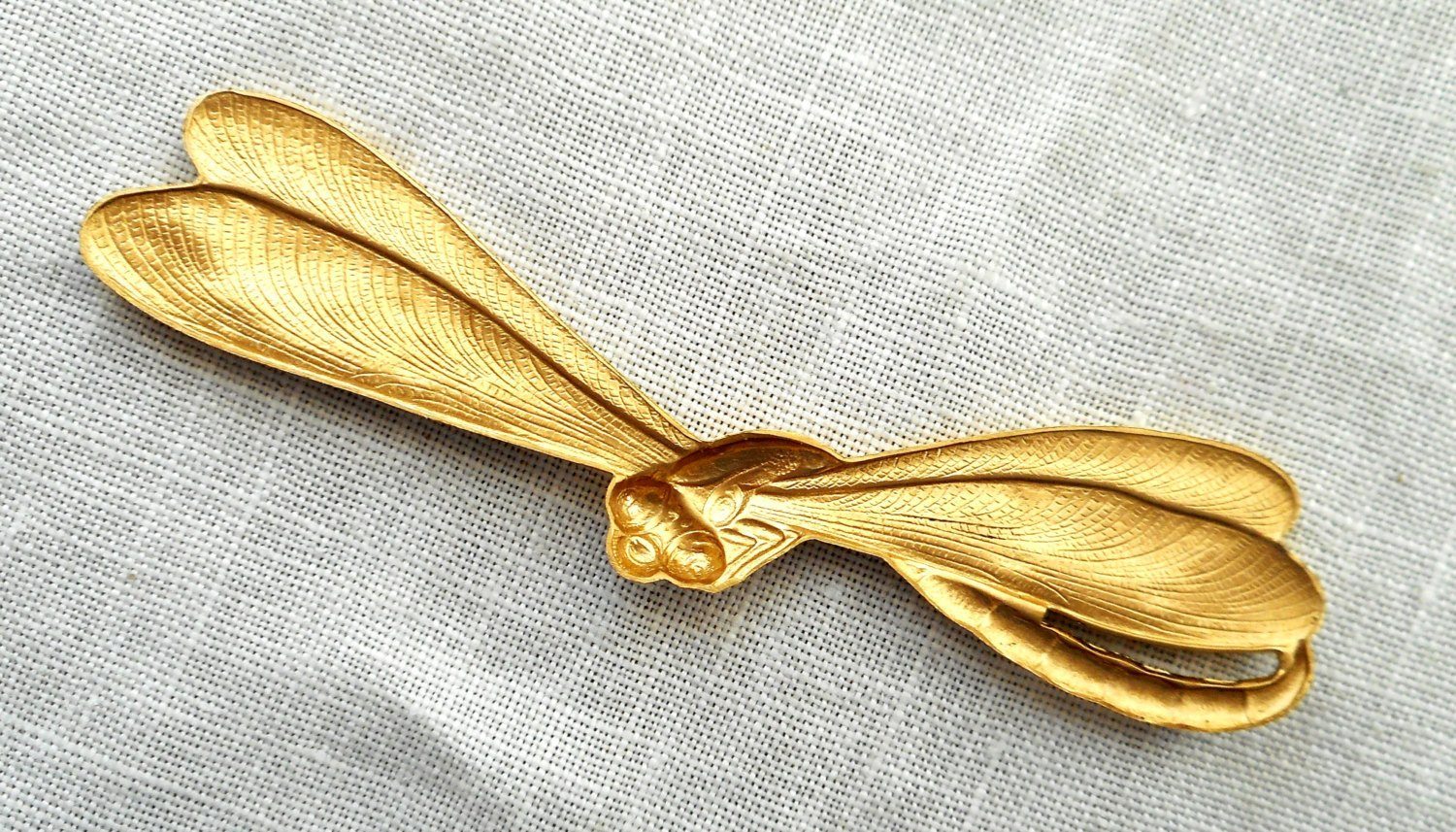 One raw brass stamping, art nouveau, deco, dragonfly, pendant, charm, connector, 57mm by 10mm, made in the USA C9201 - Glorious Glass Beads