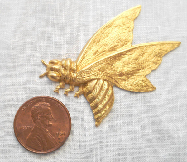 One raw brass stamping, a large art nouveau, Victorian large bumble, honey bee pendant, charm, 49mm x 52mm, made in the USA, C8501 - Glorious Glass Beads