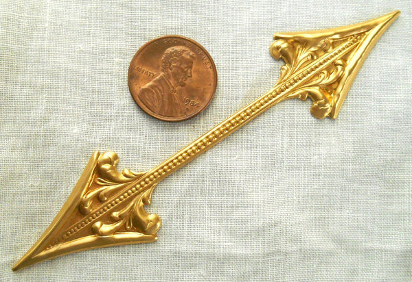 One Raw Brass stamping, large Victorian two way arrow, charm, pendant, connector, 3" x .75" inches, USA made, C9501 - Glorious Glass Beads