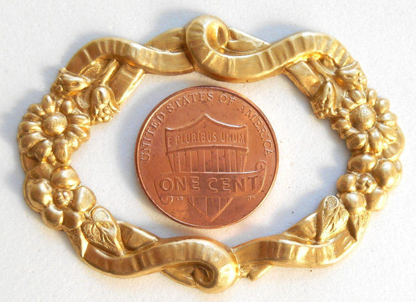 One raw brass stamping, oval frame in flowers and ribbons, pendant, connector, 50 x 35mm, made in the USA, C7501 - Glorious Glass Beads