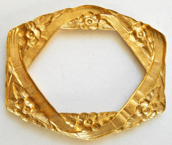 One raw brass stamping, oval frame in flowers and ribbons, pendant, connector, ring, 55 x 46mm, made in the USA, C8601 - Glorious Glass Beads