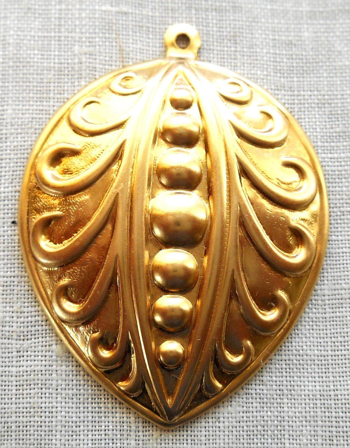 One Raw Brass Stamping, Victorian, Art Nouveau, pea pod like pendant, charm, drop, earring, 39mm x 29mm, made in the USA, C2201 - Glorious Glass Beads