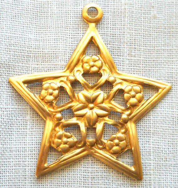 One raw brass stamping, Victorian floral star charm, pendant, earring, 28mm, USA made, C0201 - Glorious Glass Beads