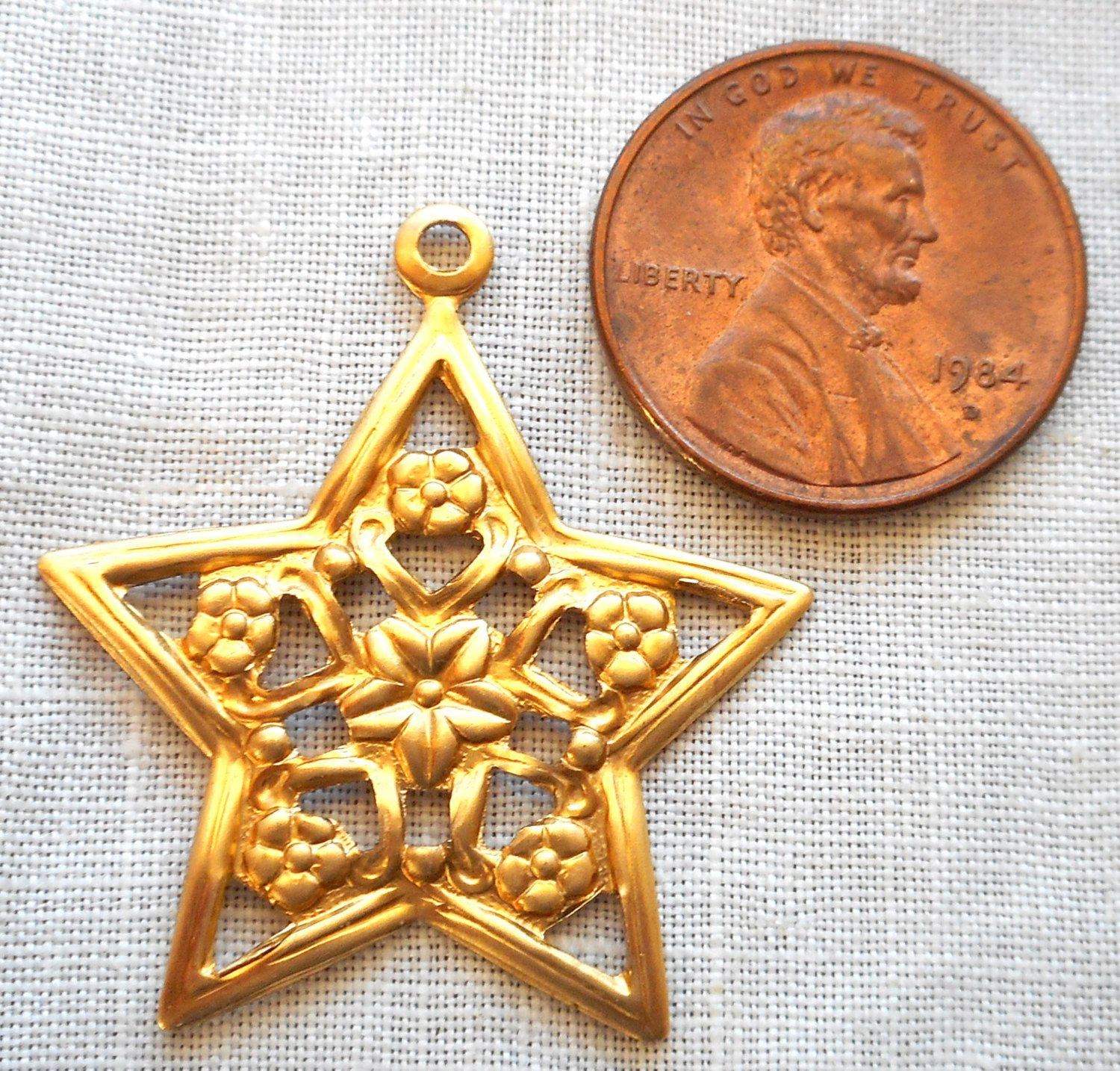 One raw brass stamping, Victorian floral star charm, pendant, earring, 28mm, USA made, C0201 - Glorious Glass Beads