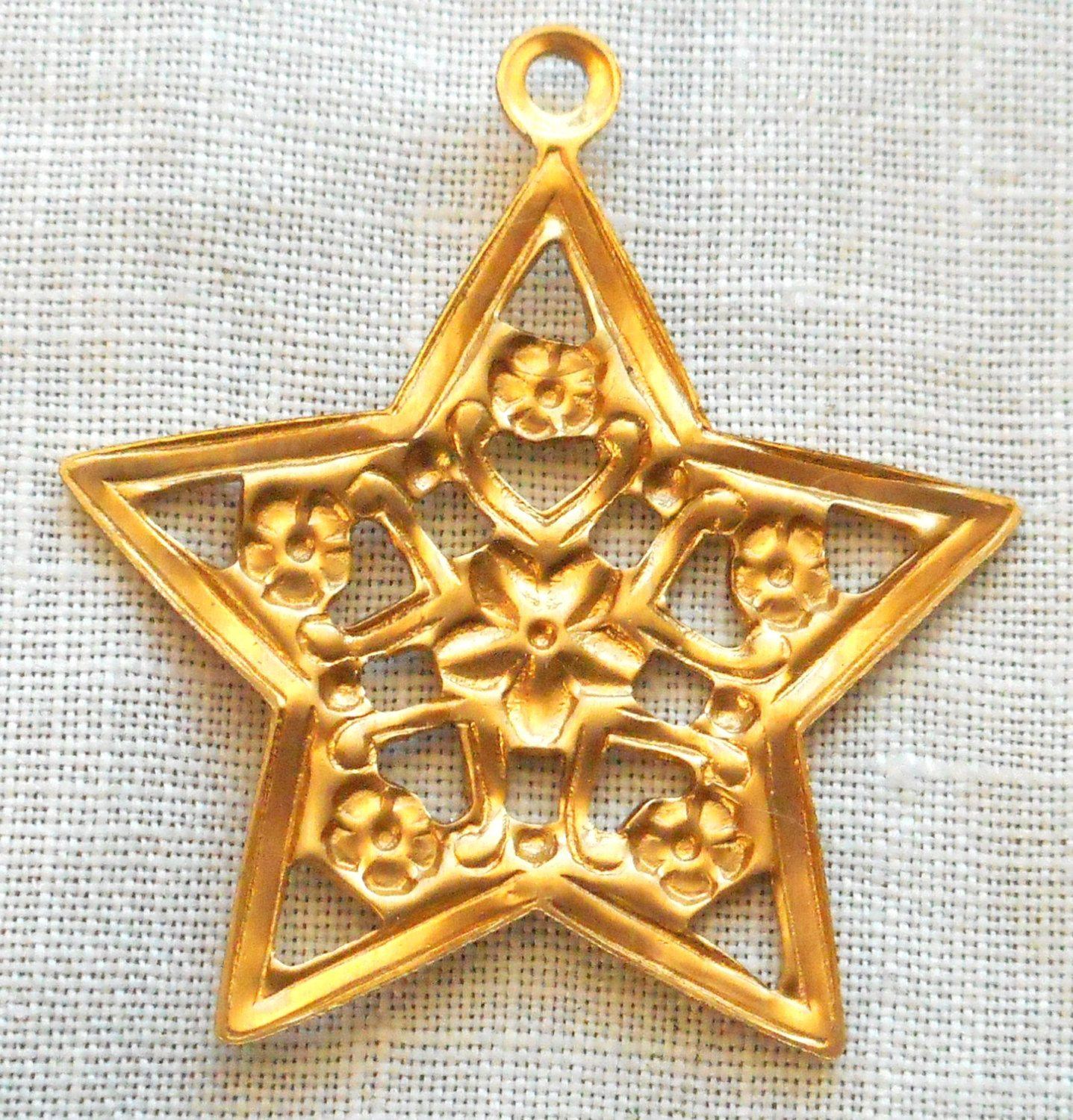 One raw brass stamping, Victorian floral star charm, pendant, earring, 28mm, USA made, C0201 - Glorious Glass Beads