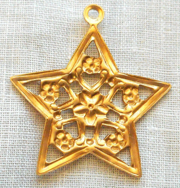 One raw brass stamping, Victorian floral star charm, pendant, earring, 28mm, USA made, C0201 - Glorious Glass Beads