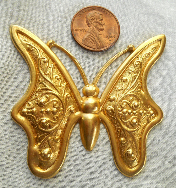 One raw large brass stamping, art nouveau, deco, Victorian butterfly, pendant, charm, connector, 59mm x 56mm, USA made, C8901 - Glorious Glass Beads