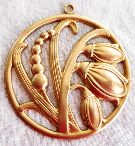 One round raw brass Victorian floral (Snow Drops) pendant brass stamping, ornament, 50mm, made in the USA, C8801 - Glorious Glass Beads