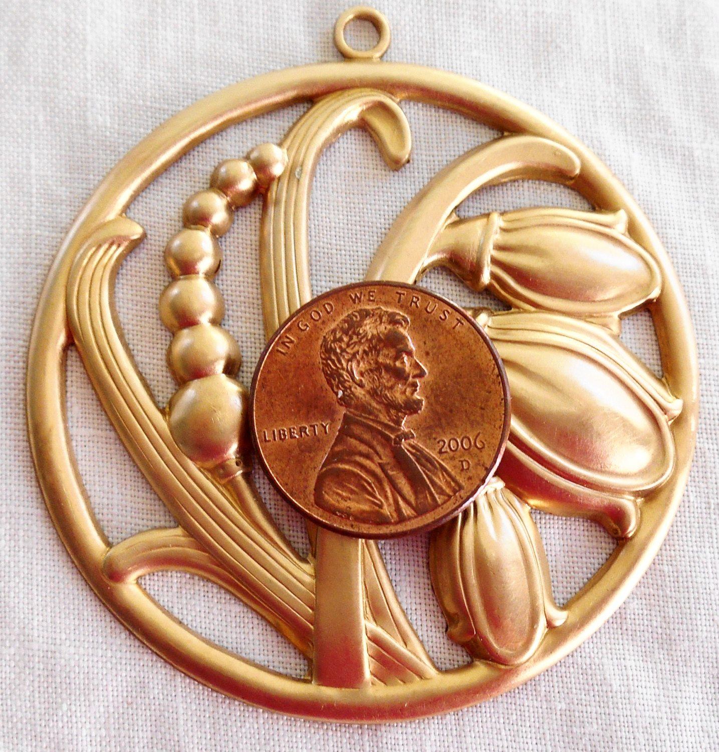 One round raw brass Victorian floral (Snow Drops) pendant brass stamping, ornament, 50mm, made in the USA, C8801 - Glorious Glass Beads