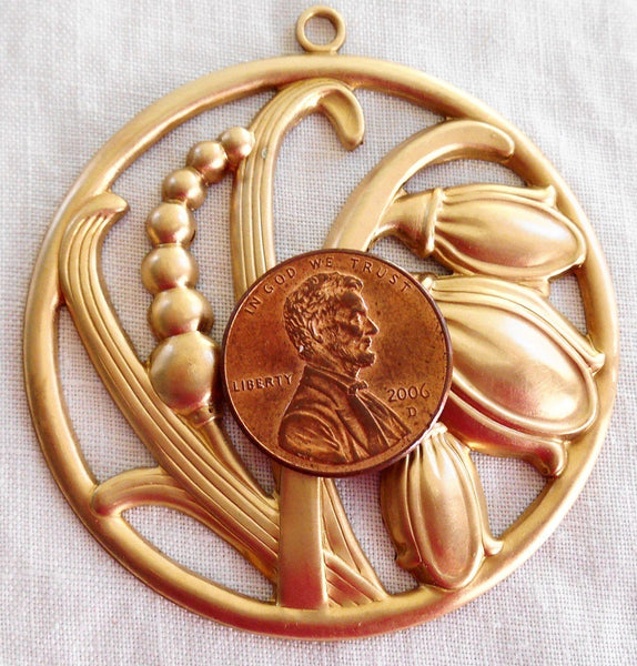 One round raw brass Victorian floral (Snow Drops) pendant brass stamping, ornament, 50mm, made in the USA, C8801 - Glorious Glass Beads