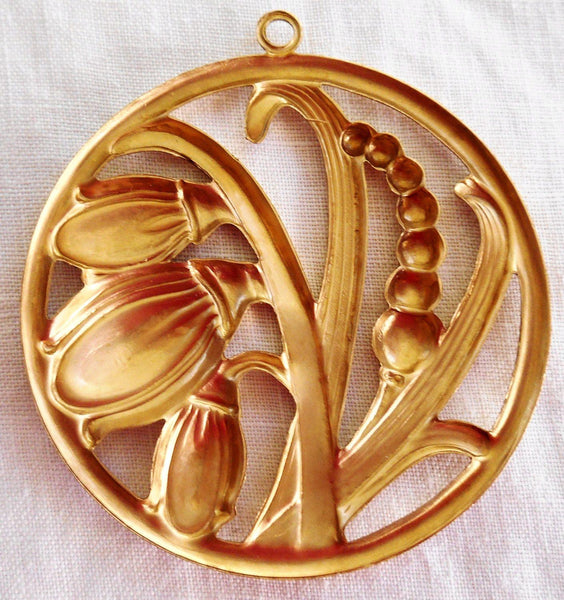 One round raw brass Victorian floral (Snow Drops) pendant brass stamping, ornament, 50mm, made in the USA, C8801 - Glorious Glass Beads