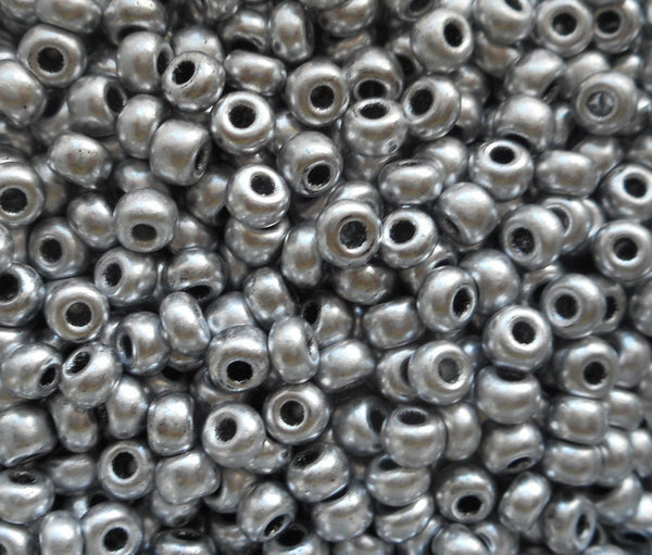 Pkg of 24 grams Opaque Matte Metallic Silver Czech Glass 6/0 glass seed beads, size 6 Preciosa Rocaille 4mm spacer beads, big hole C6824 - Glorious Glass Beads