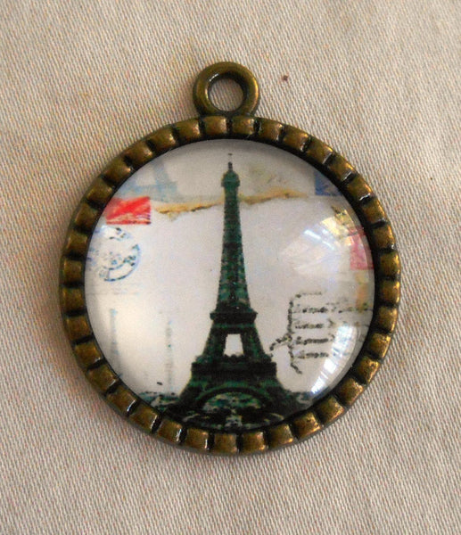 Round Eiffel Tower pendant, Paris France, Antique Bronze, 29mm, Steampunk C3401