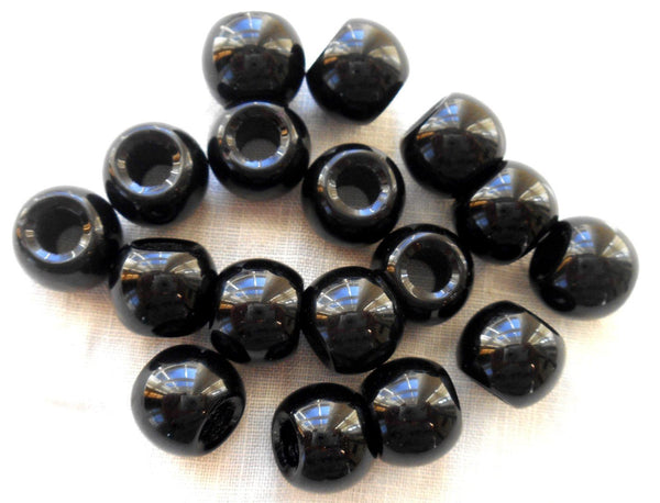 Six round opaque 12mm Jet Black large glass beads, big 4.5mm holes, Pandora, European, C8401