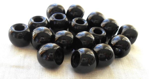 Six round opaque 12mm Jet Black large glass beads, big 4.5mm holes, Pandora, European, C8401 - Glorious Glass Beads