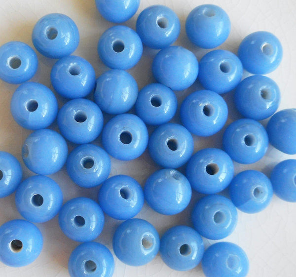 Ten 12mm Bright Opaque Sky Blue big large hole glass beads with 3mm holes, smooth round druk beads, Made in India C8401 - Glorious Glass Beads