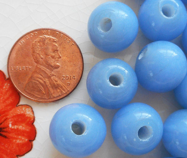 Ten 12mm Bright Opaque Sky Blue big large hole glass beads with 3mm holes, smooth round druk beads, Made in India C8401 - Glorious Glass Beads
