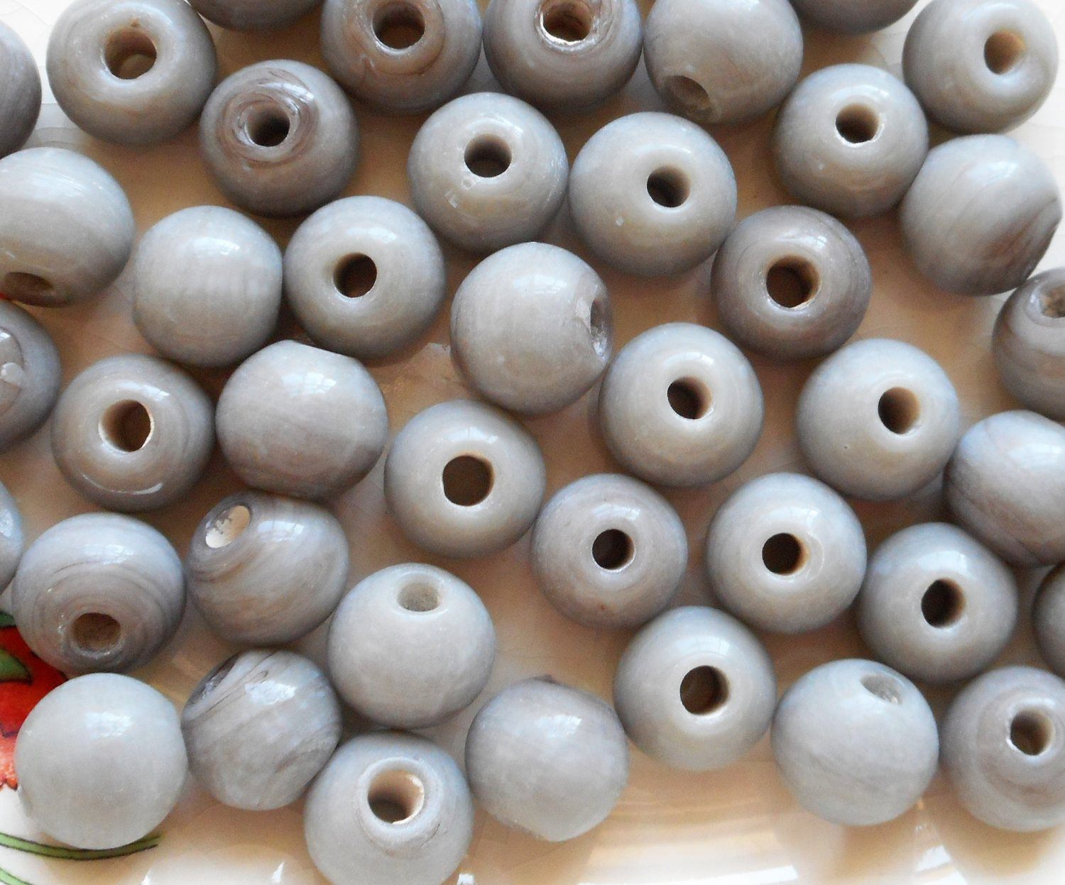 Ten 12mm Opaque Gray big large hole glass beads with 3mm holes, smooth  round druk beads, Made in India C5501