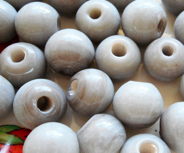 Ten 12mm Opaque Gray big large hole glass beads with 3mm holes, smooth round druk beads, Made in India C5501 - Glorious Glass Beads