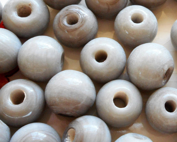 Ten 12mm Opaque Gray big large hole glass beads with 3mm holes, smooth round druk beads, Made in India C5501 - Glorious Glass Beads