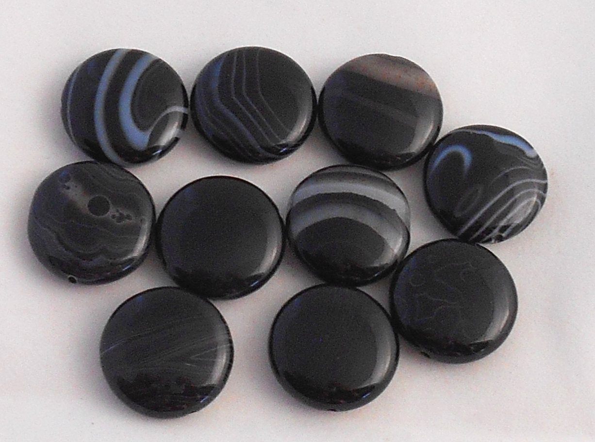 Ten 20mm Black Sardonyx coin, gemstone semiprecious beads, C95510 - Glorious Glass Beads