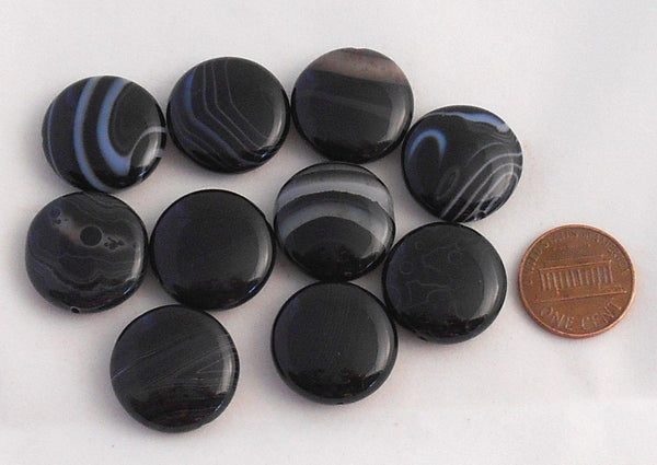 Ten 20mm Black Sardonyx coin, gemstone semiprecious beads, C95510 - Glorious Glass Beads