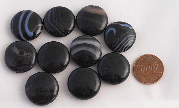 Ten 20mm Black Sardonyx coin, gemstone semiprecious beads, C95510 - Glorious Glass Beads
