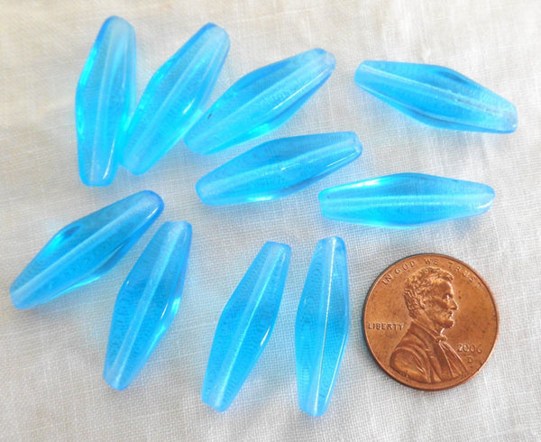 Ten 24 x 9mm aqua glass long lantern or tube beads, C8501 - Glorious Glass Beads