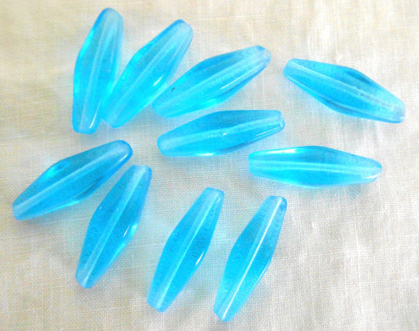 Ten 24 x 9mm aqua glass long lantern or tube beads, C8501 - Glorious Glass Beads