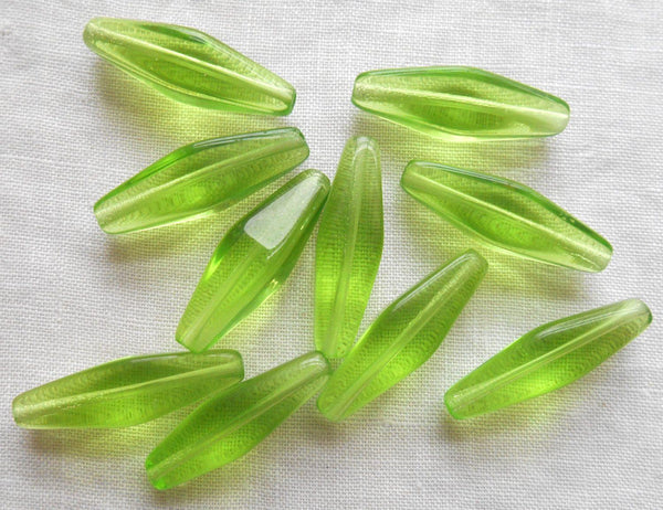 Ten 24 x 9mm Czech glass Peridot Lime Green long lantern tube beads, C5701